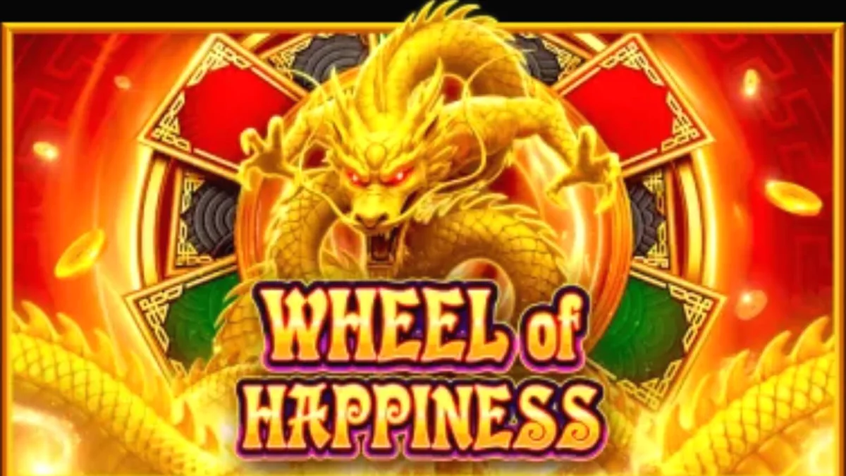 Tampilan visual slot Wheel of Happiness dengan naga emas dan elemen oriental