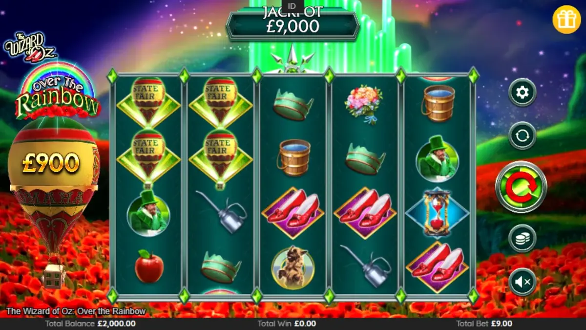 Tampilan visual slot The Wizard of Oz: Over the Rainbow dengan karakter ikonik dan latar belakang jalan bata kuning.